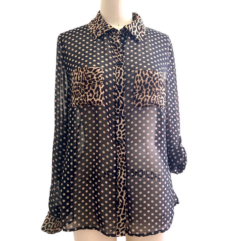 INC International Chiffon Women Leopard Polka Dot Long Sleeve
Sheer Button Up